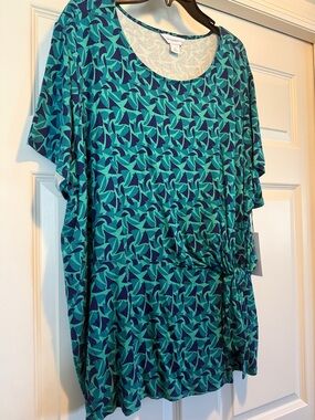 Liz Claiborne Teal & Navy Geometric Knot-Detail Short Sleeve Top size 2X NWT